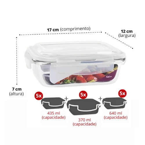 Kit com 15 Potes Herméticos de Vidro + 10 Copos de Brinde